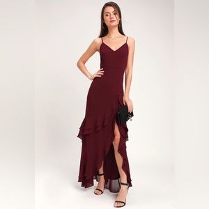Lulus Esther burgundy ruffled maxi dress